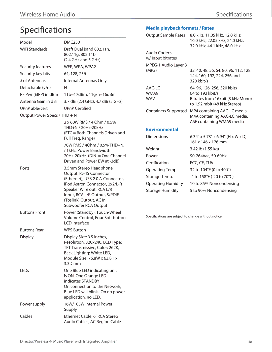 Linksys DMC250 manual Specifications, WEP, WPA, WPA2 