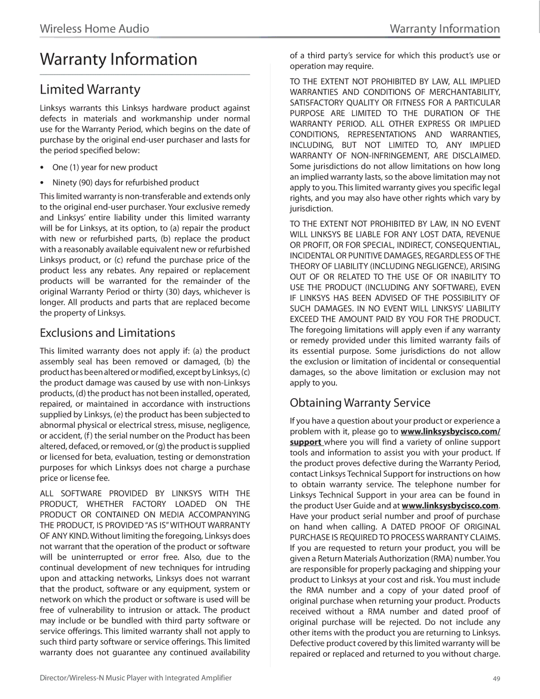 Linksys DMC250 manual Warranty Information, Limited Warranty, Exclusions and Limitations, Obtaining Warranty Service 