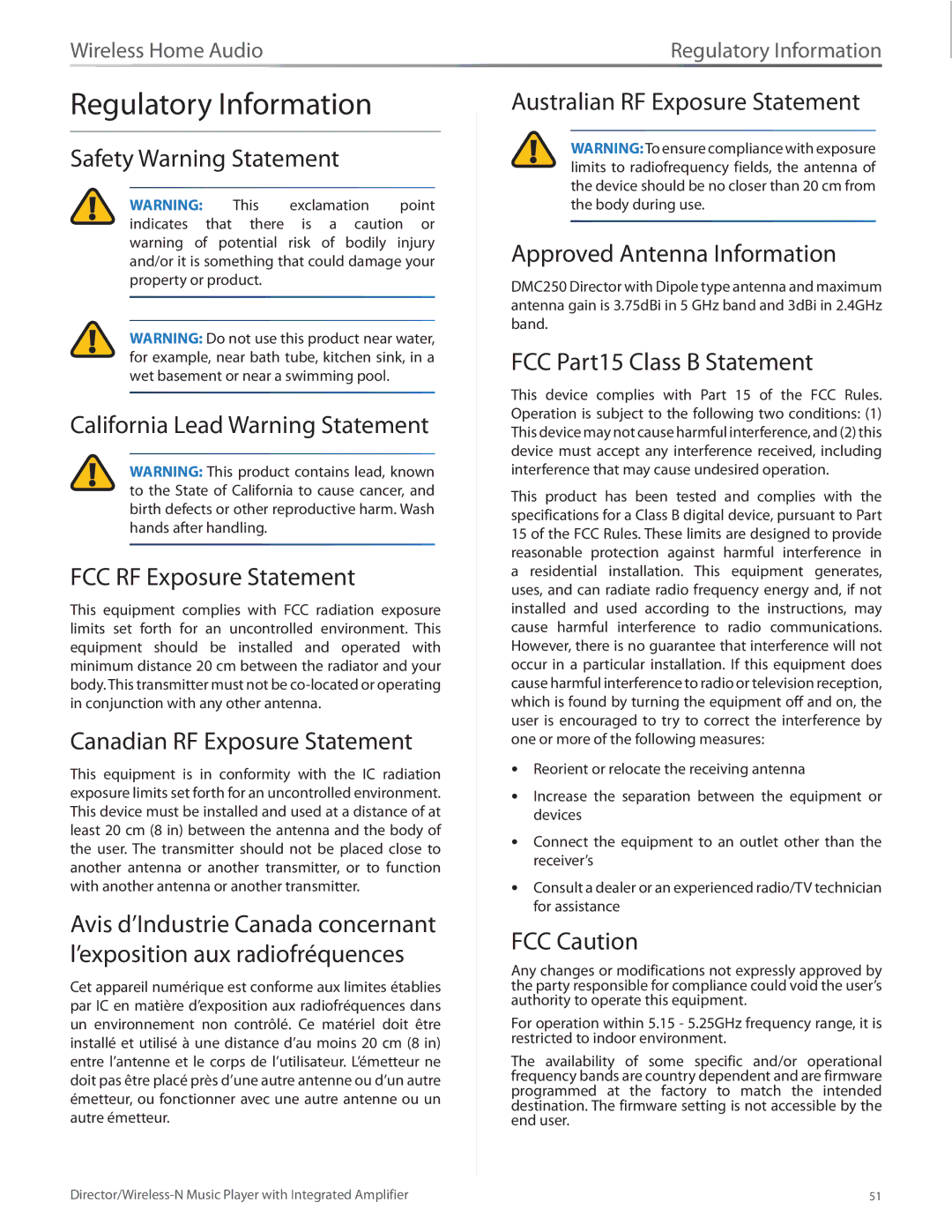 Linksys DMC250 manual Regulatory Information, Canadian RF Exposure Statement, FCC Part15 Class B Statement, FCC Caution 