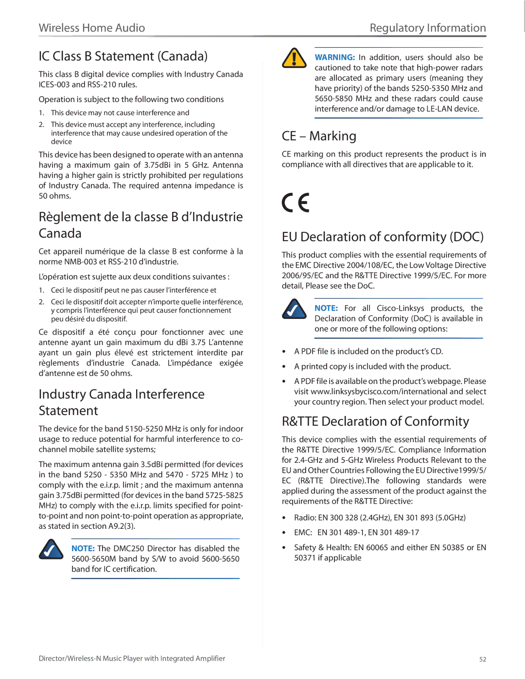 Linksys DMC250 manual IC Class B Statement Canada, Règlement de la classe B d’Industrie Canada, CE Marking 