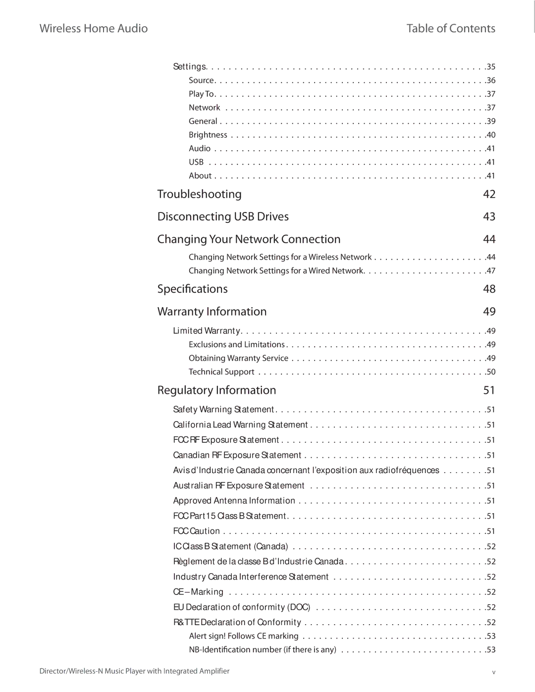 Linksys DMC250 manual Wireless Home Audio Table of Contents 