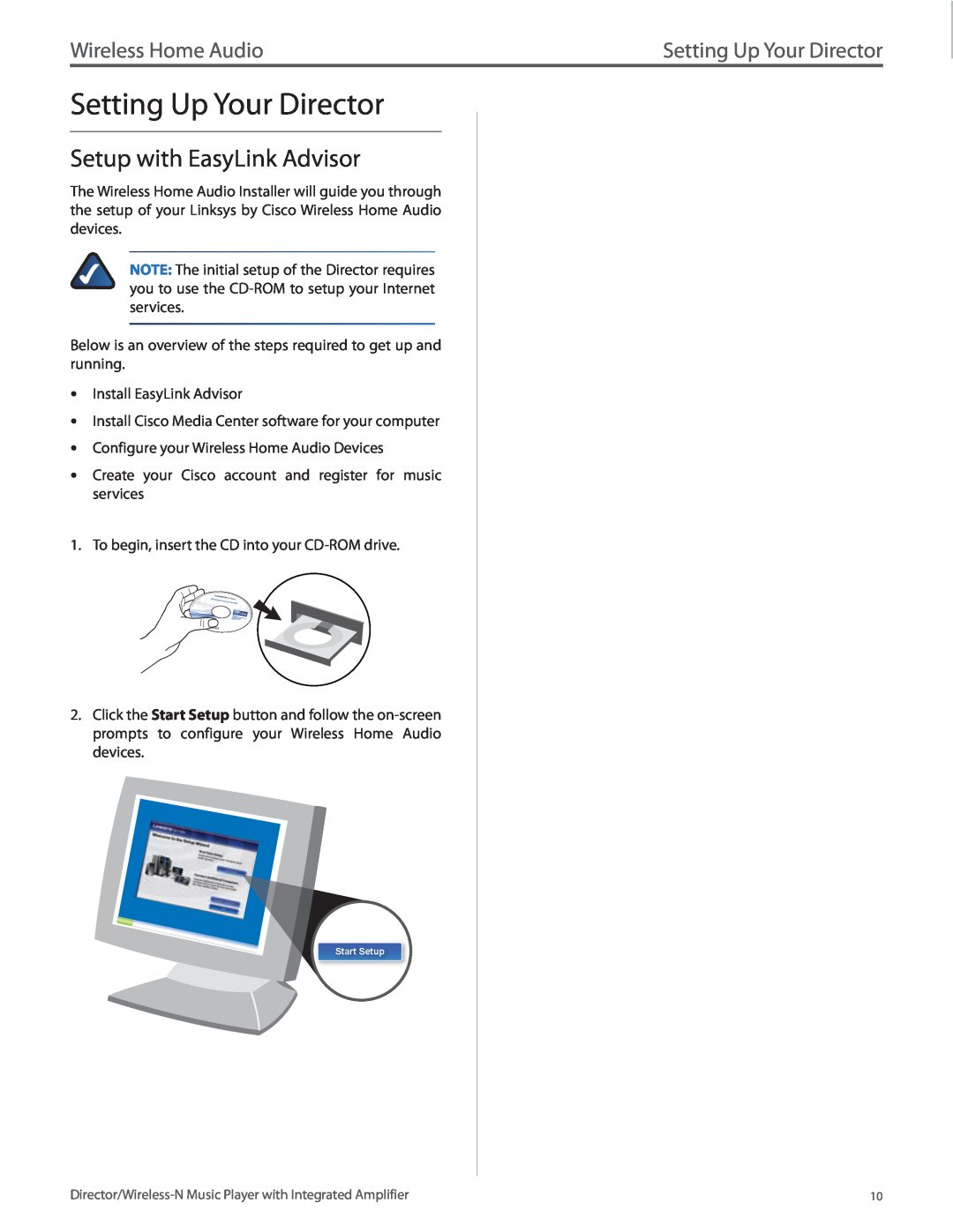 Linksys DMC250 manual Setting Up Your Director, Setup with EasyLink Advisor, Wireless Home Audio 