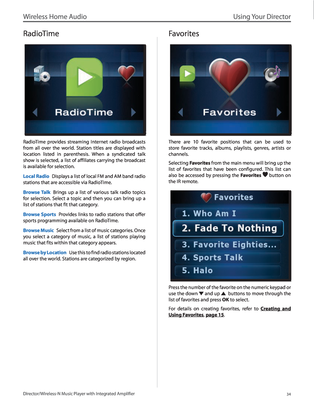 Linksys DMC250 manual RadioTime, Favorites, Wireless Home Audio, Using Your Director 