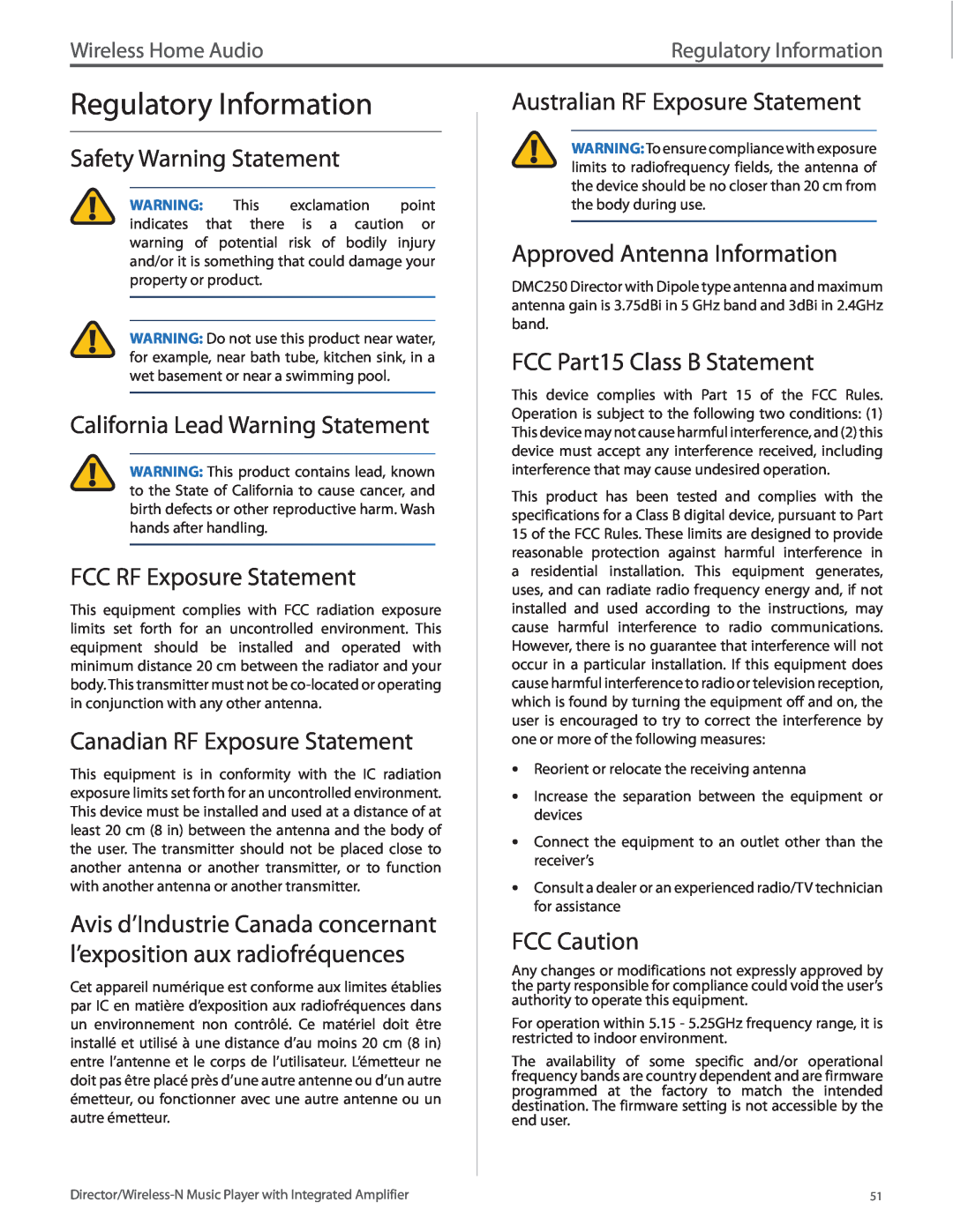 Linksys DMC250 manual Regulatory Information, Safety Warning Statement, California Lead Warning Statement, FCC Caution 