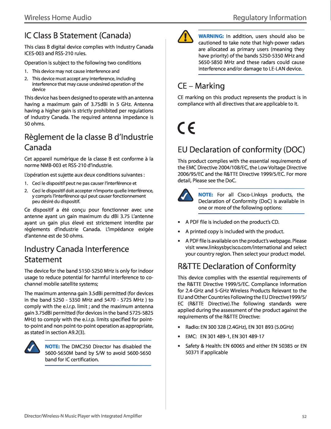Linksys DMC250 IC Class B Statement Canada, Règlement de la classe B d’Industrie Canada, CE – Marking, Wireless Home Audio 