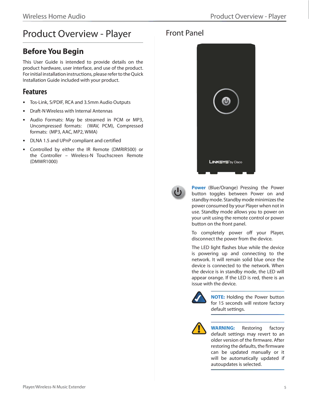 Linksys DMP100 manual Product Overview Player, Front Panel 