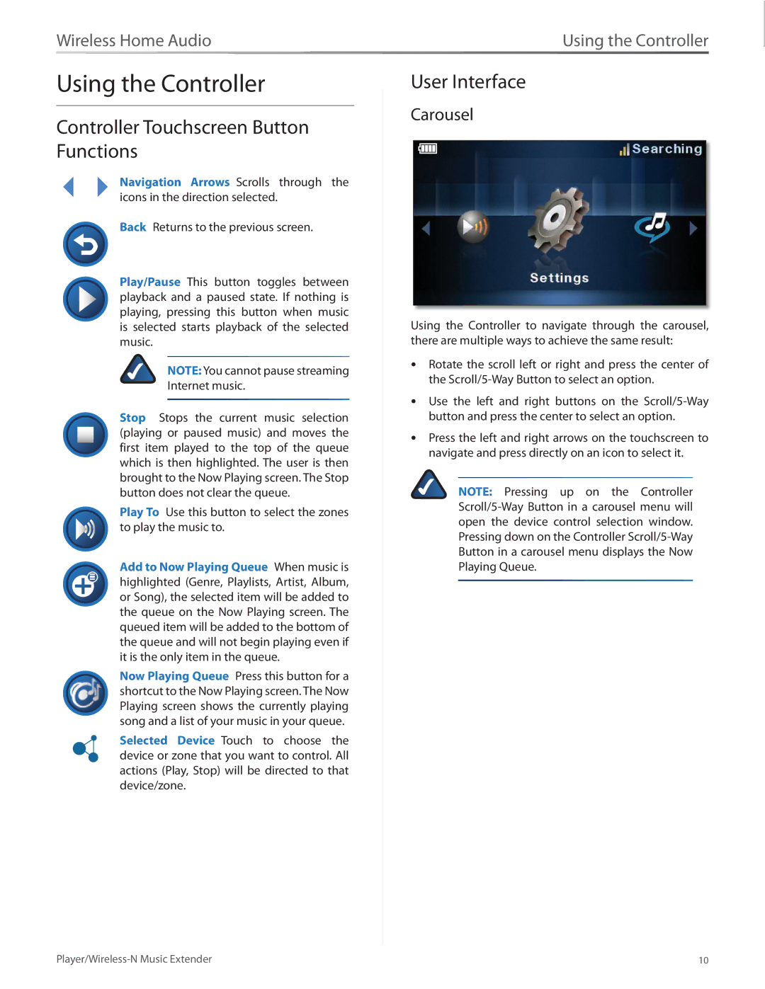 Linksys DMP100 manual Using the Controller, Controller Touchscreen Button Functions, User Interface, Carousel 