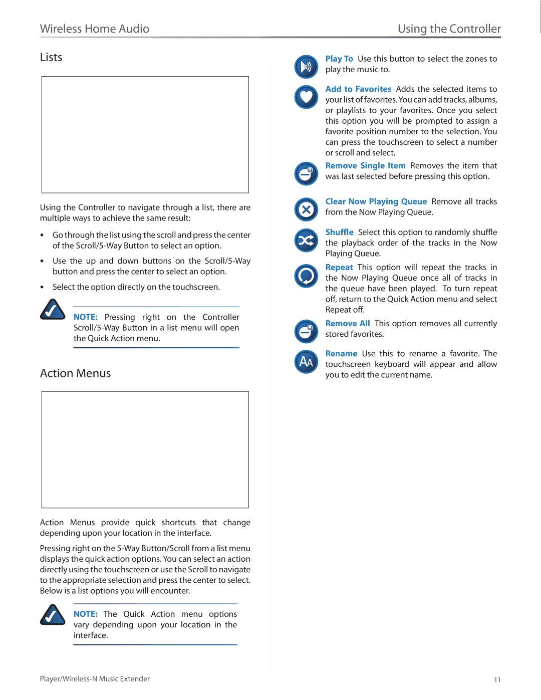 Linksys DMP100 manual Lists, Action Menus 