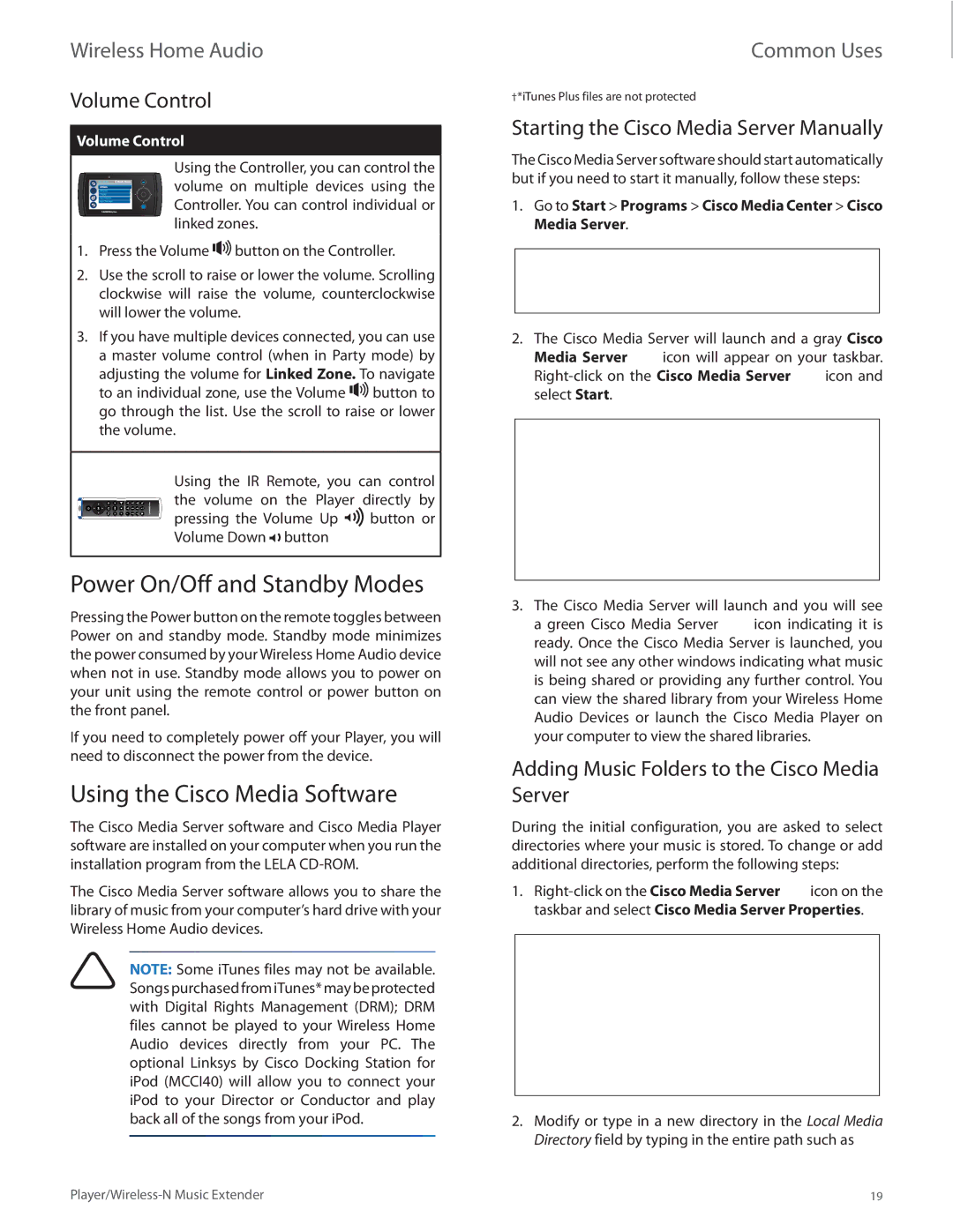 Linksys DMP100 manual Power On/Off and Standby Modes, Using the Cisco Media Software, Volume Control 