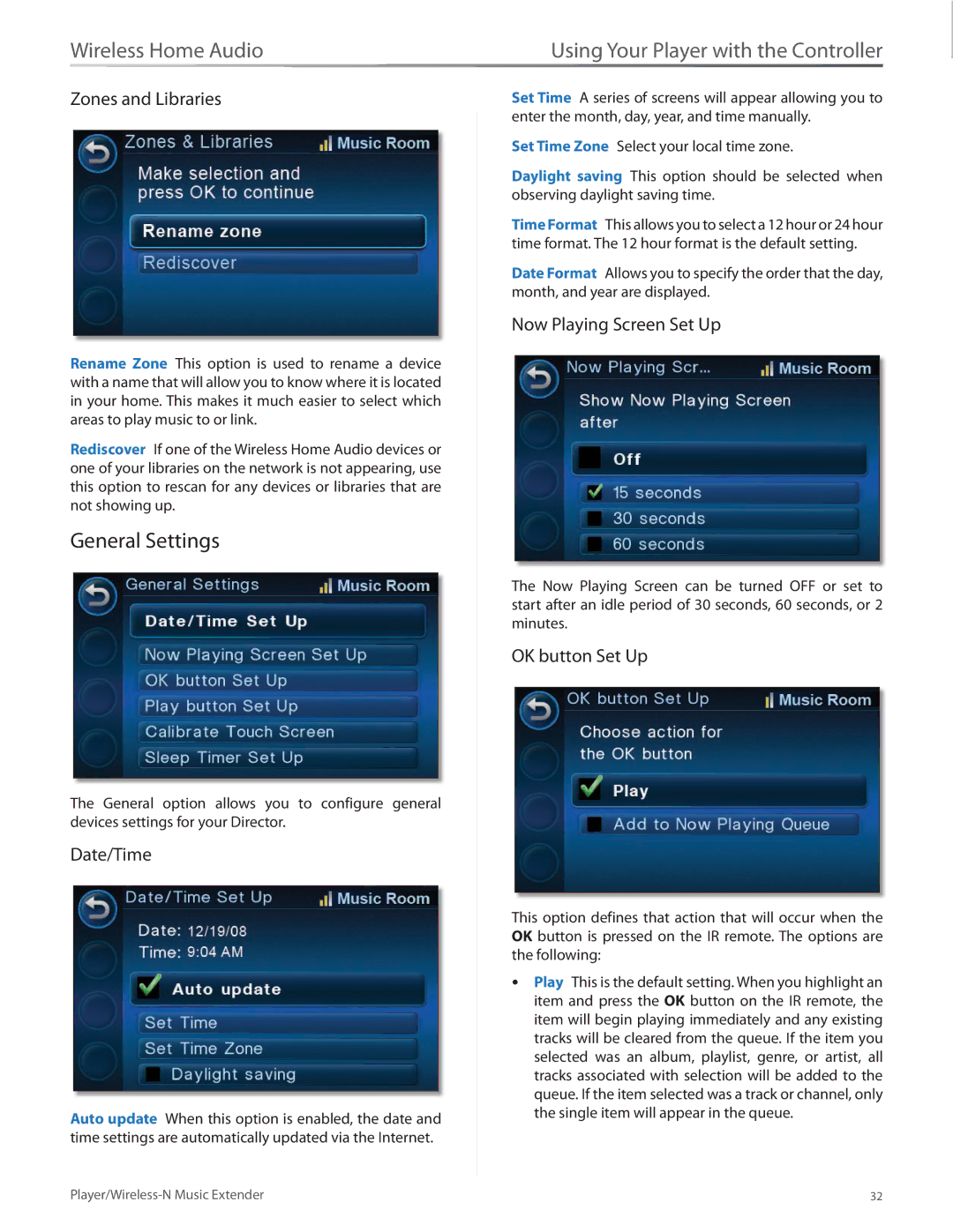 Linksys DMP100 manual General Settings, Zones and Libraries, Date/Time, Now Playing Screen Set Up, OK button Set Up 