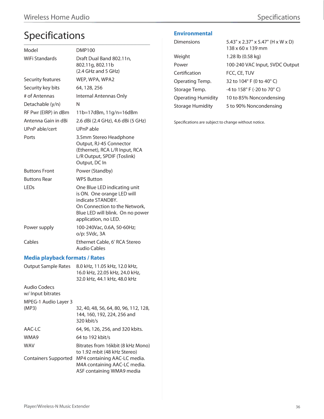 Linksys DMP100 manual Specifications, WEP, WPA, WPA2 