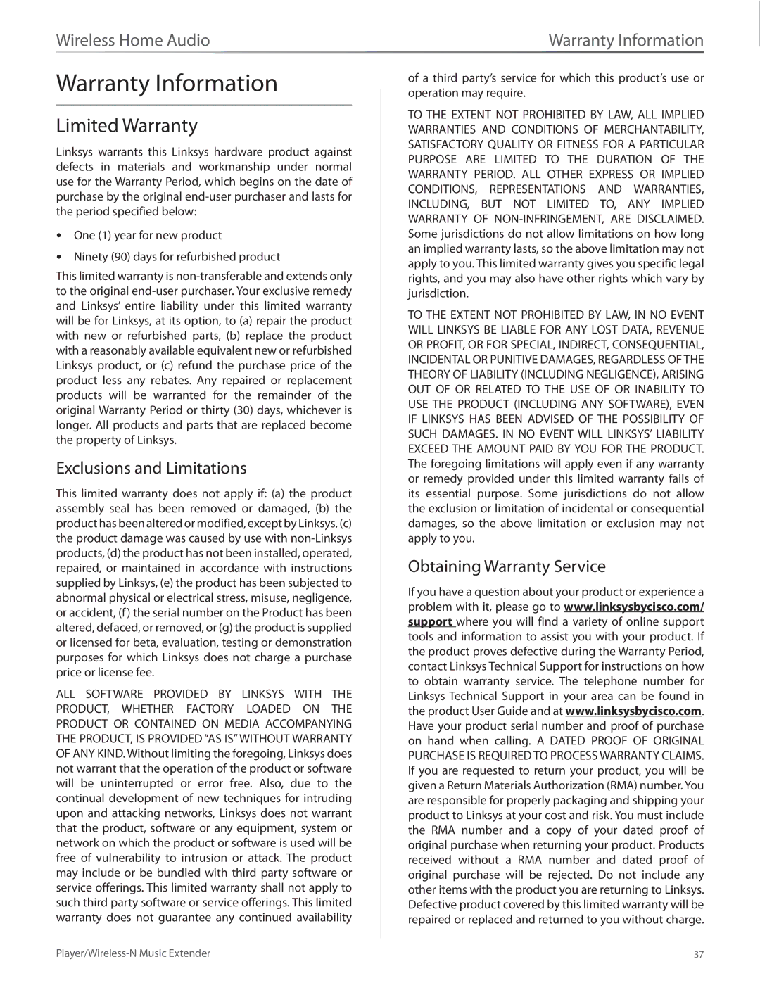 Linksys DMP100 manual Warranty Information, Limited Warranty, Exclusions and Limitations, Obtaining Warranty Service 