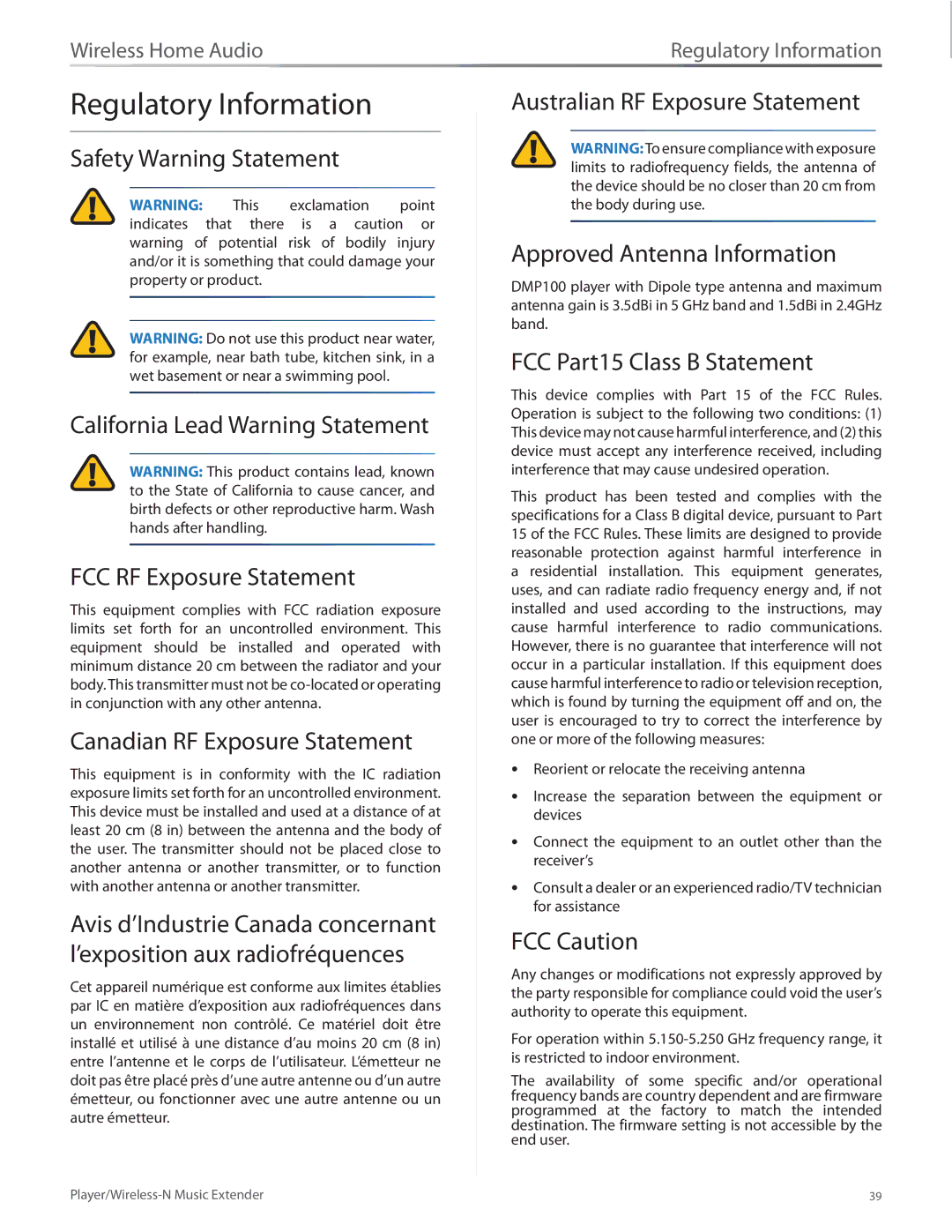 Linksys DMP100 manual Regulatory Information, Canadian RF Exposure Statement, FCC Part15 Class B Statement, FCC Caution 