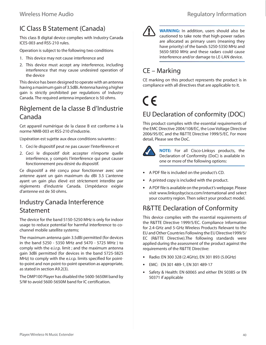 Linksys DMP100 manual IC Class B Statement Canada, Règlement de la classe B d’Industrie Canada, CE Marking 