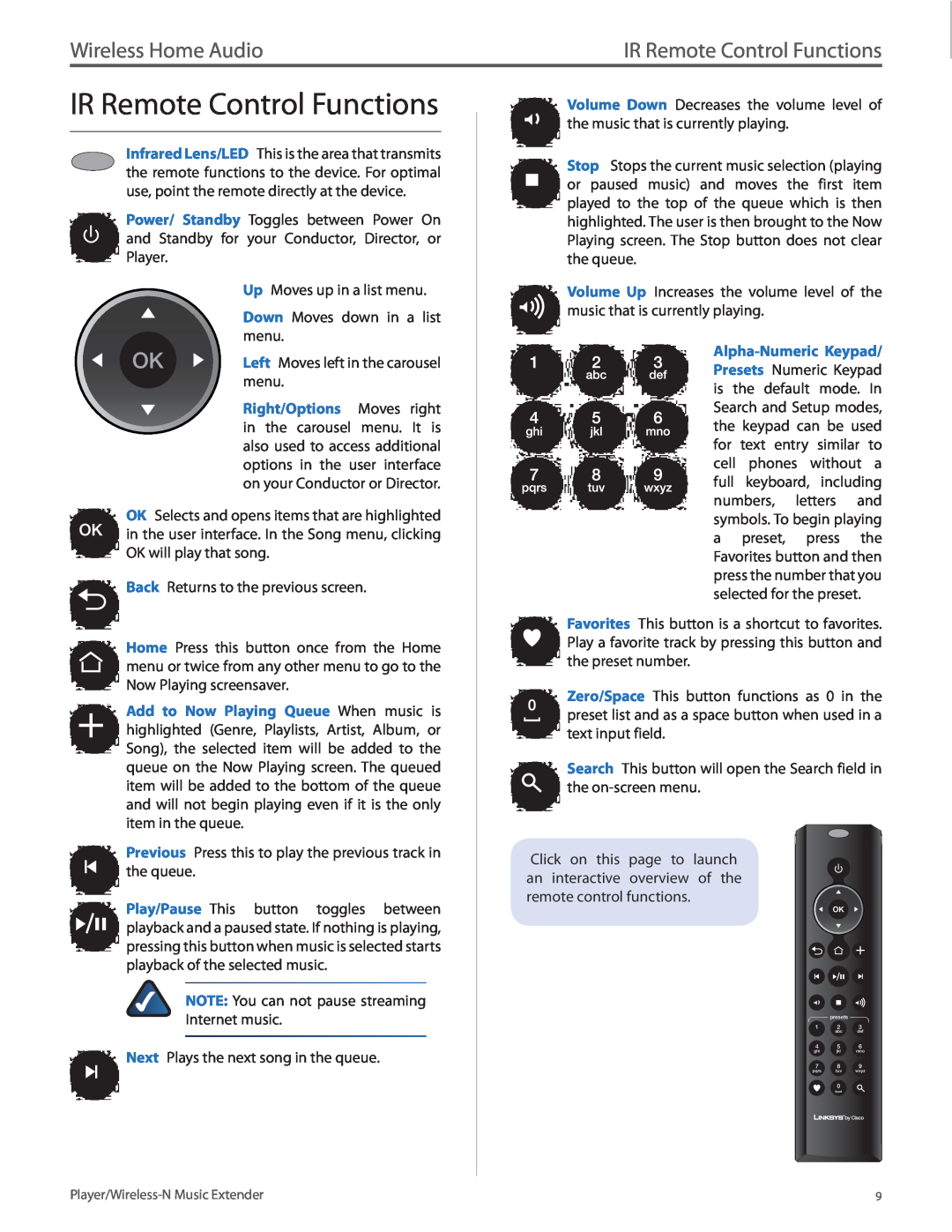 Linksys DMP100 manual IR Remote Control Functions, Wireless Home Audio 
