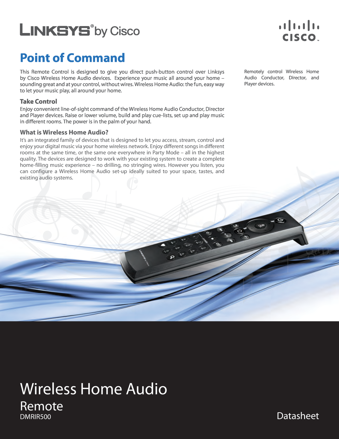 Linksys DMRIR500 manual Wireless Home Audio, Remote, Point of Command, Datasheet, Take Control 