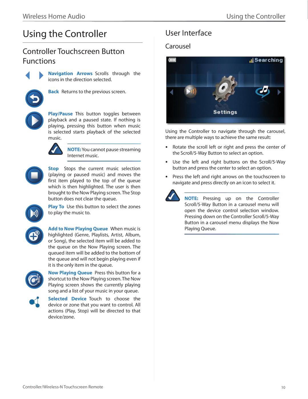 Linksys DMRW1000 manual Using the Controller, Controller Touchscreen Button Functions, User Interface, Carousel 