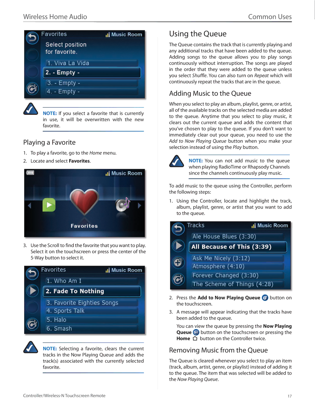 Linksys DMRW1000 manual Using the Queue, Playing a Favorite, Adding Music to the Queue, Removing Music from the Queue 