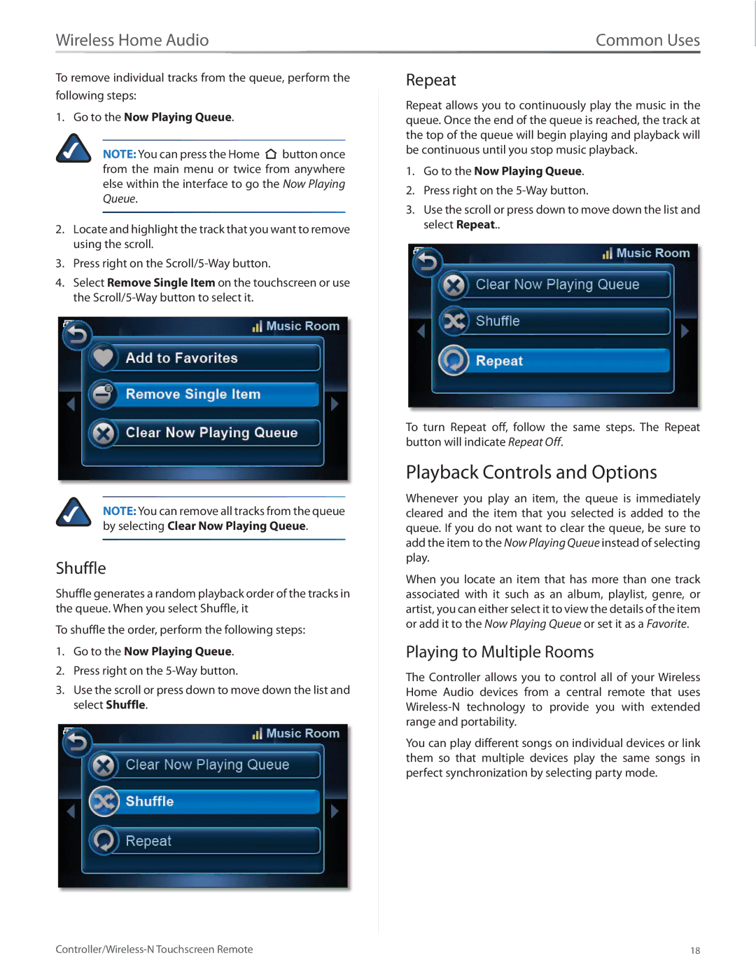 Linksys DMRW1000 Playback Controls and Options, Shuffle, Repeat, Playing to Multiple Rooms, Go to the Now Playing Queue 