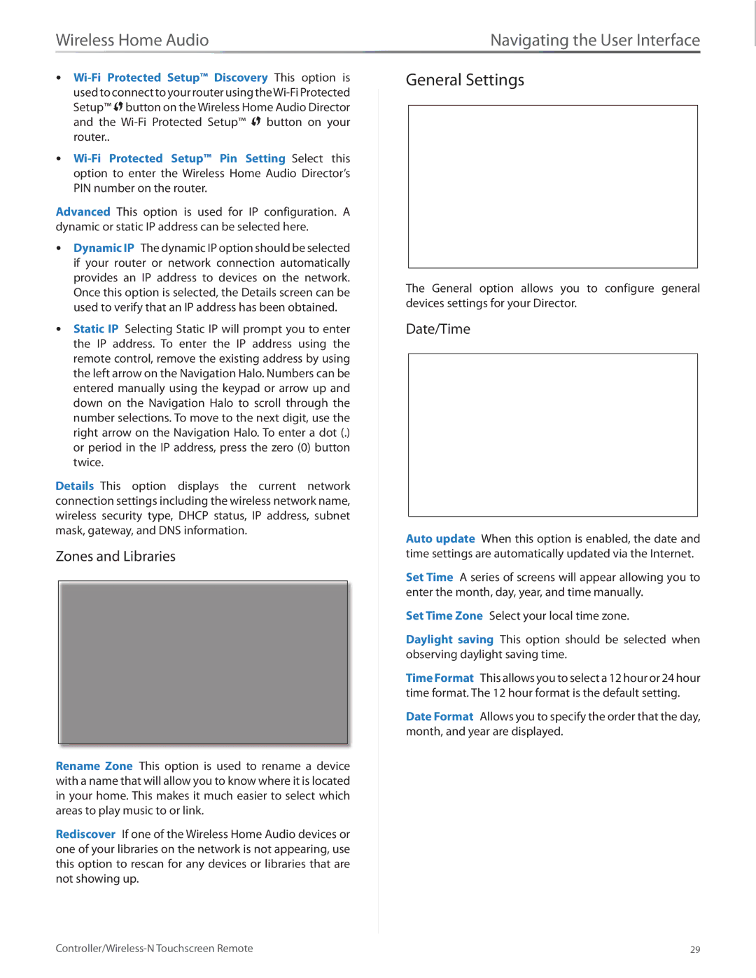 Linksys DMRW1000 manual General Settings, Zones and Libraries, Date/Time 