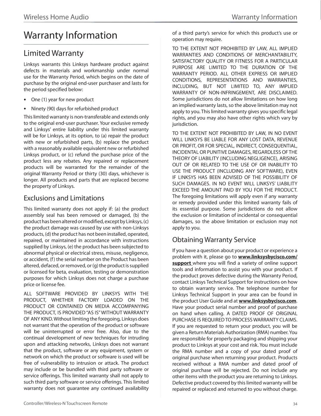 Linksys DMRW1000 manual Warranty Information, Limited Warranty, Exclusions and Limitations, Obtaining Warranty Service 