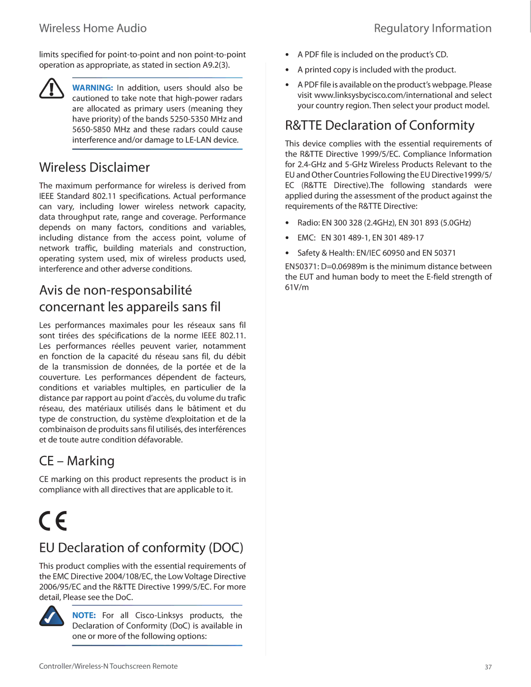 Linksys DMRW1000 manual Wireless Disclaimer, CE Marking, EU Declaration of conformity DOC, TTE Declaration of Conformity 