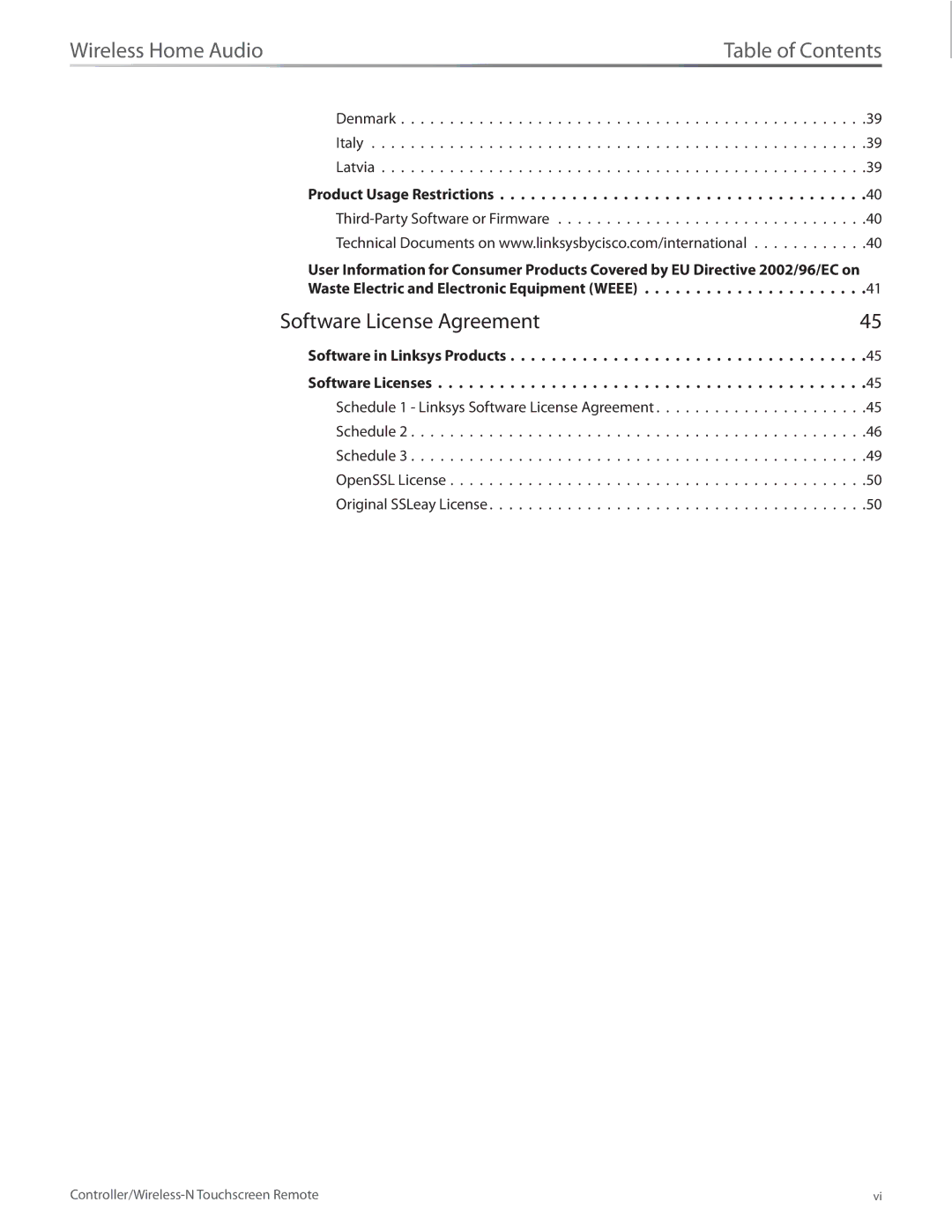 Linksys DMRW1000 manual Wireless Home Audio Table of Contents 