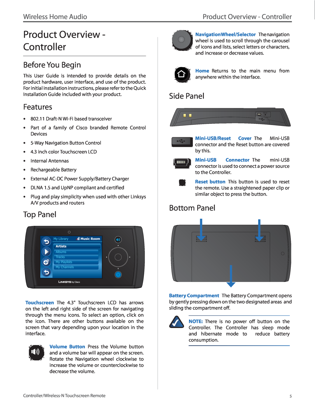 Linksys DMRW1000 manual Product Overview Controller, Before You Begin, Features, Top Panel, Side Panel, Bottom Panel 