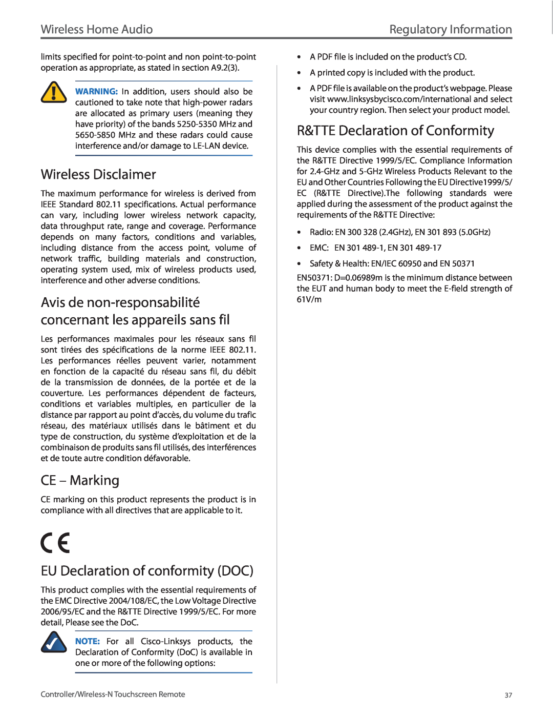 Linksys DMRW1000 Wireless Disclaimer, CE - Marking, EU Declaration of conformity DOC, R&TTE Declaration of Conformity 