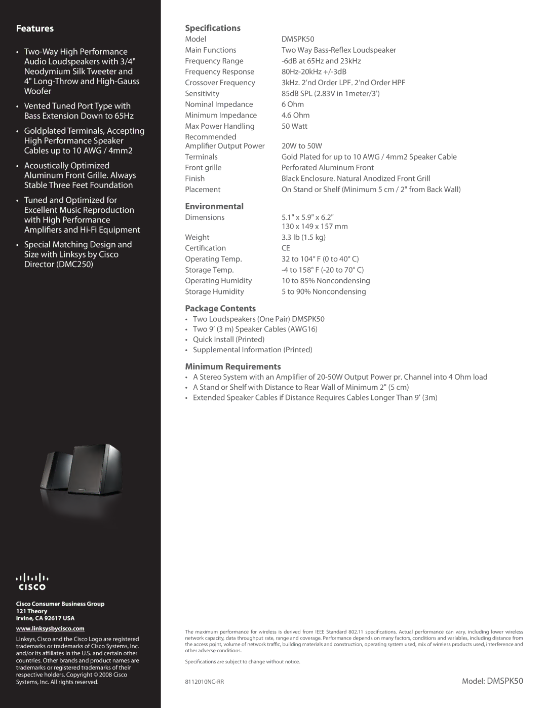 Linksys DMSPK50 manual Specifications, Environmental, Package Contents, Minimum Requirements 