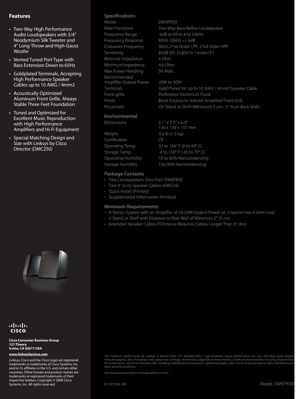 Linksys DMSPK50 manual Features, Specifications, Environmental, Package Contents, Minimum Requirements 