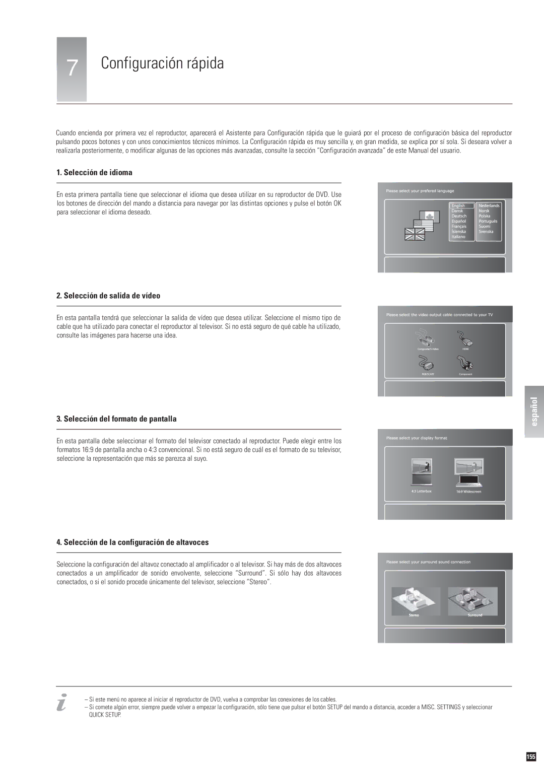 Linksys DP-600 Configuración rápida, Selección de idioma, Selección de salida de vídeo, Selección del formato de pantalla 