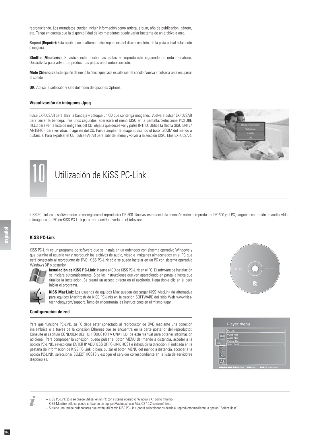 Linksys DP-600 manual Utilización de KiSS PC-Link, Visualización de imágenes Jpeg, Configuración de red 