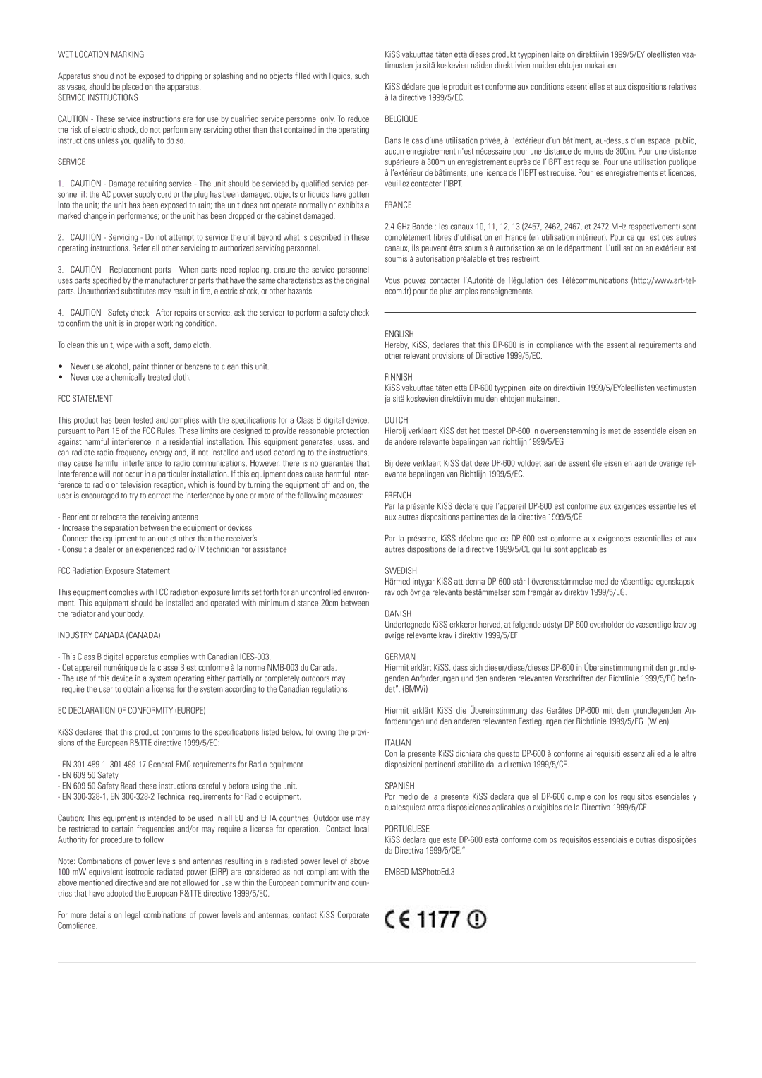 Linksys DP-600 manual WET Location Marking 