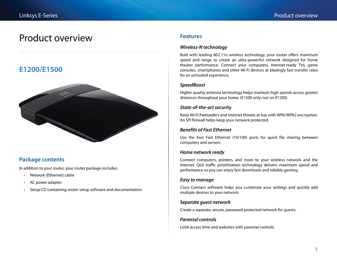 Linksys E4200V2, E-4200 manual Product overview, E1200/E1500, Package contents, Features 