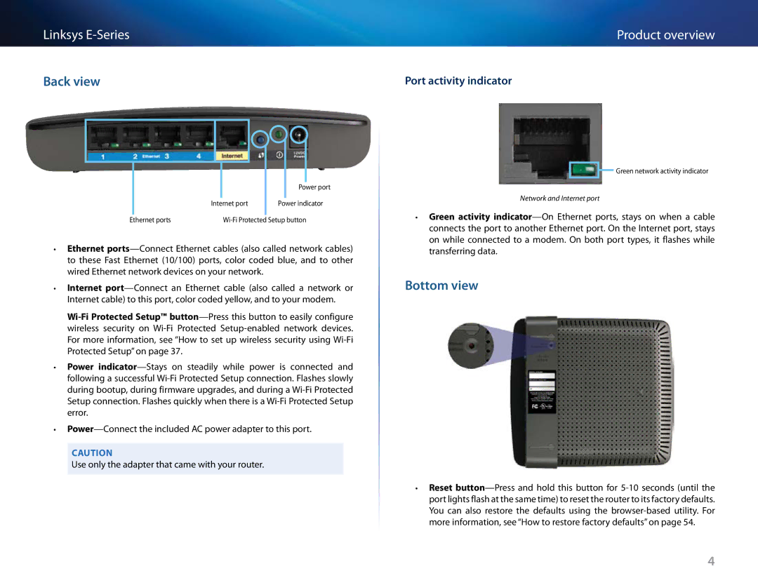 Linksys E4200V2, E-4200 manual Ethernet ports Wi-Fi Protected Setup button 