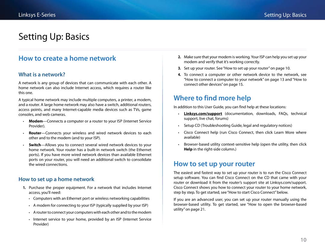 Linksys E4200V2 manual Setting Up Basics, How to create a home network, Where to find more help, How to set up your router 