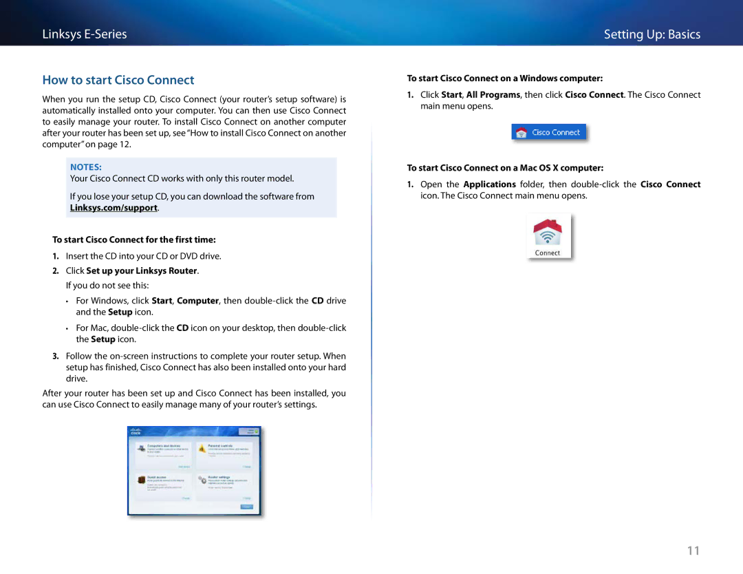 Linksys E-4200, E4200V2 manual How to start Cisco Connect, To start Cisco Connect for the first time 