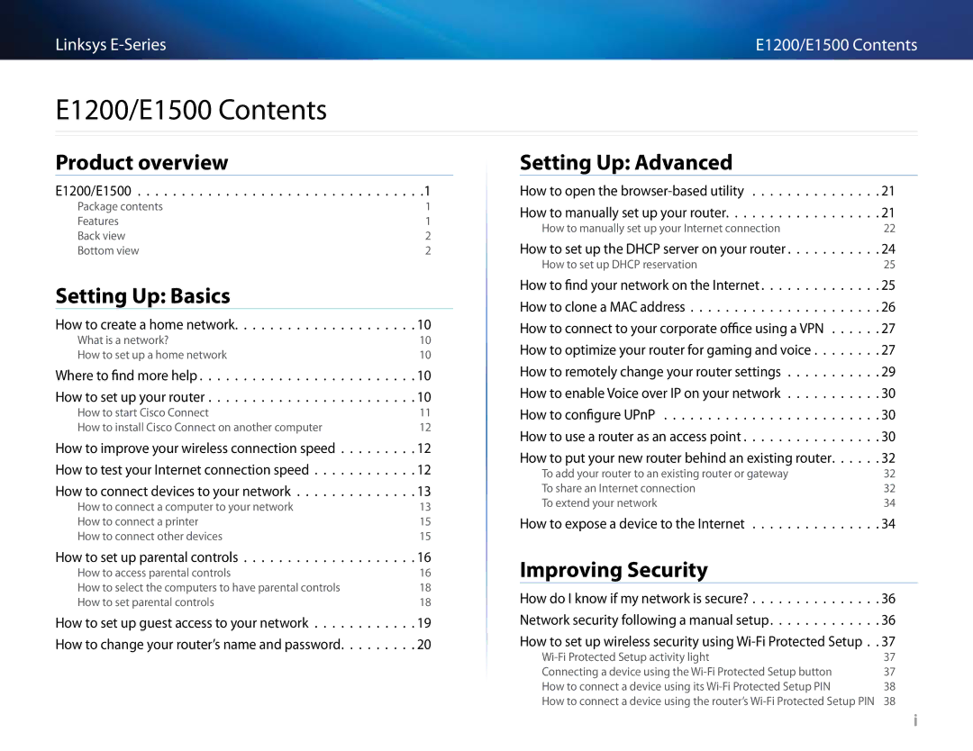 Linksys E-4200, E4200V2 manual E1200/E1500 Contents 