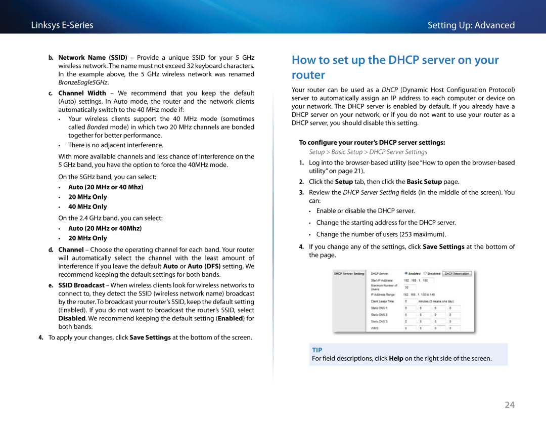 Linksys E4200 How to set up the Dhcp server on your router, Auto 20 MHz or 40 Mhz MHz Only, Auto 20 MHz or 40Mhz MHz Only 