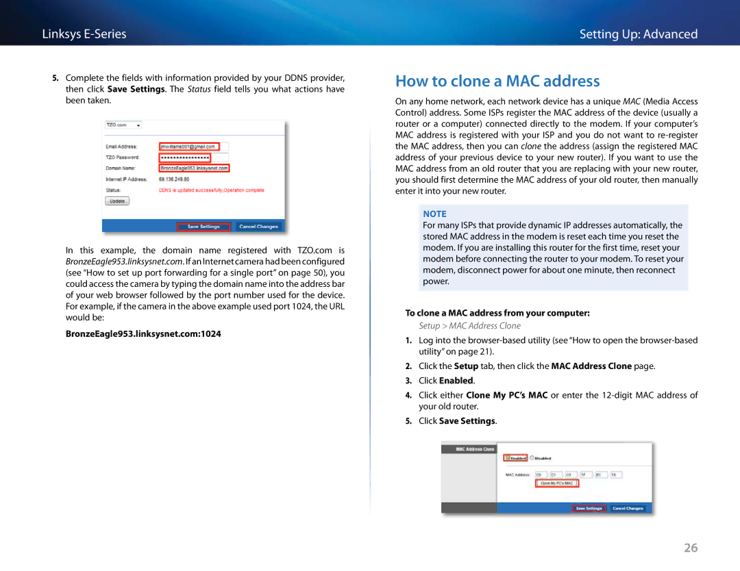 Linksys E-4200 How to clone a MAC address, BronzeEagle953.linksysnet.com1024, To clone a MAC address from your computer 