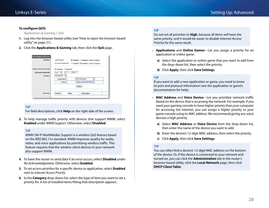 Linksys E4200V2, E-4200 manual To configure QOS, Applications & Gaming QoS 