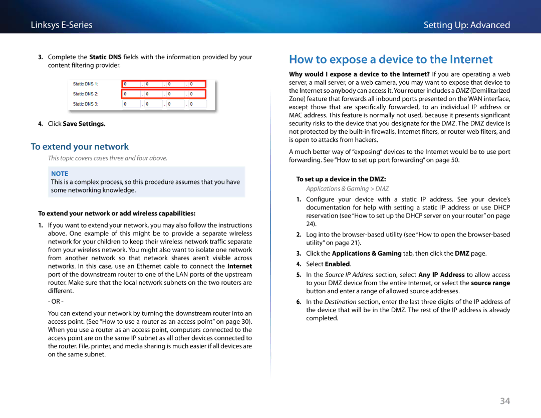 Linksys E4200V2, E-4200 manual How to expose a device to the Internet, To extend your network, To set up a device in the DMZ 