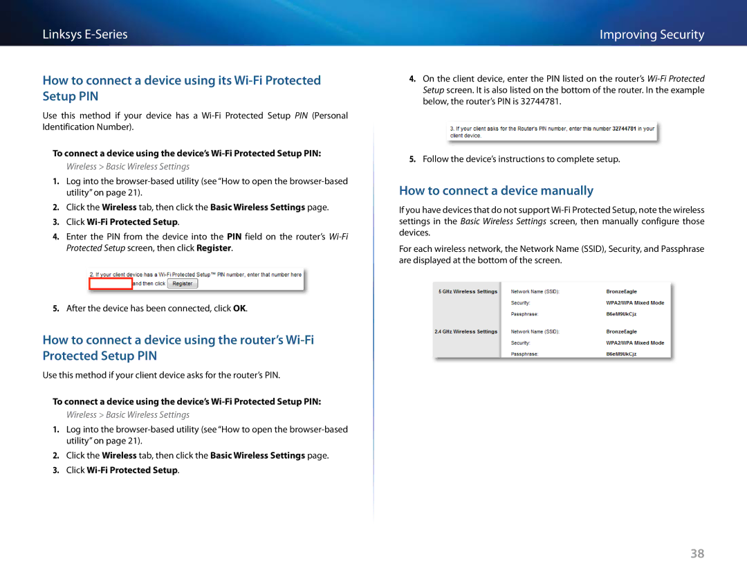 Linksys E-4200, E4200 How to connect a device using its Wi-Fi Protected Setup PIN, How to connect a device manually 