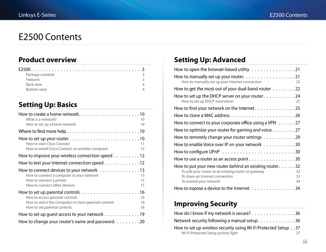 Linksys E4200V2, E-4200 manual E2500 Contents 