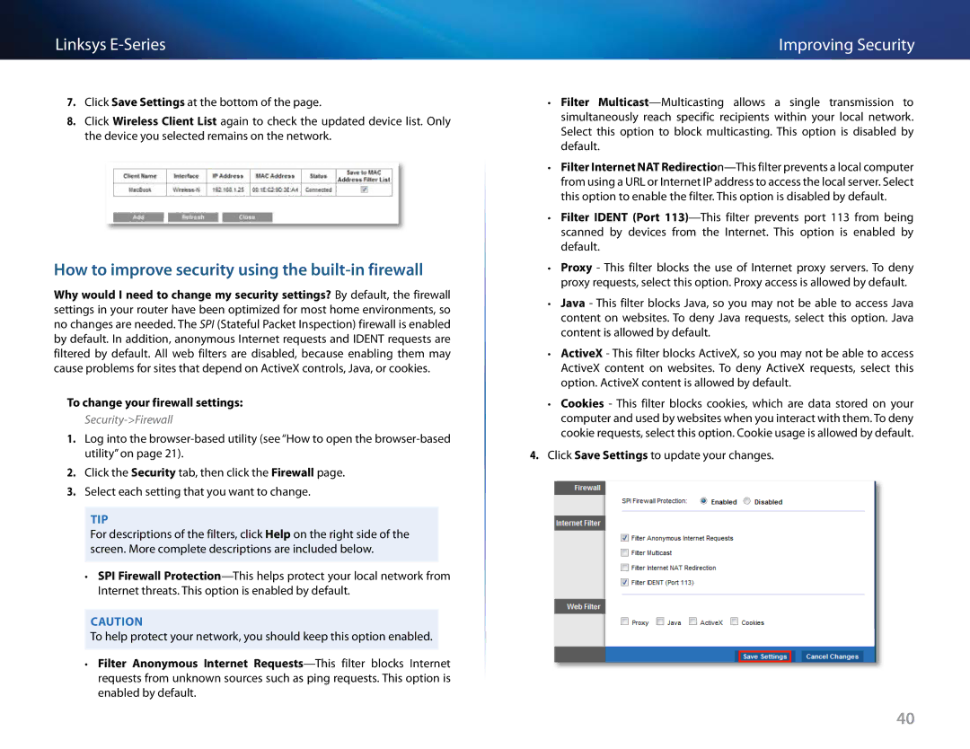 Linksys E4200V2 How to improve security using the built-in firewall, To change your firewall settings, Security-Firewall 