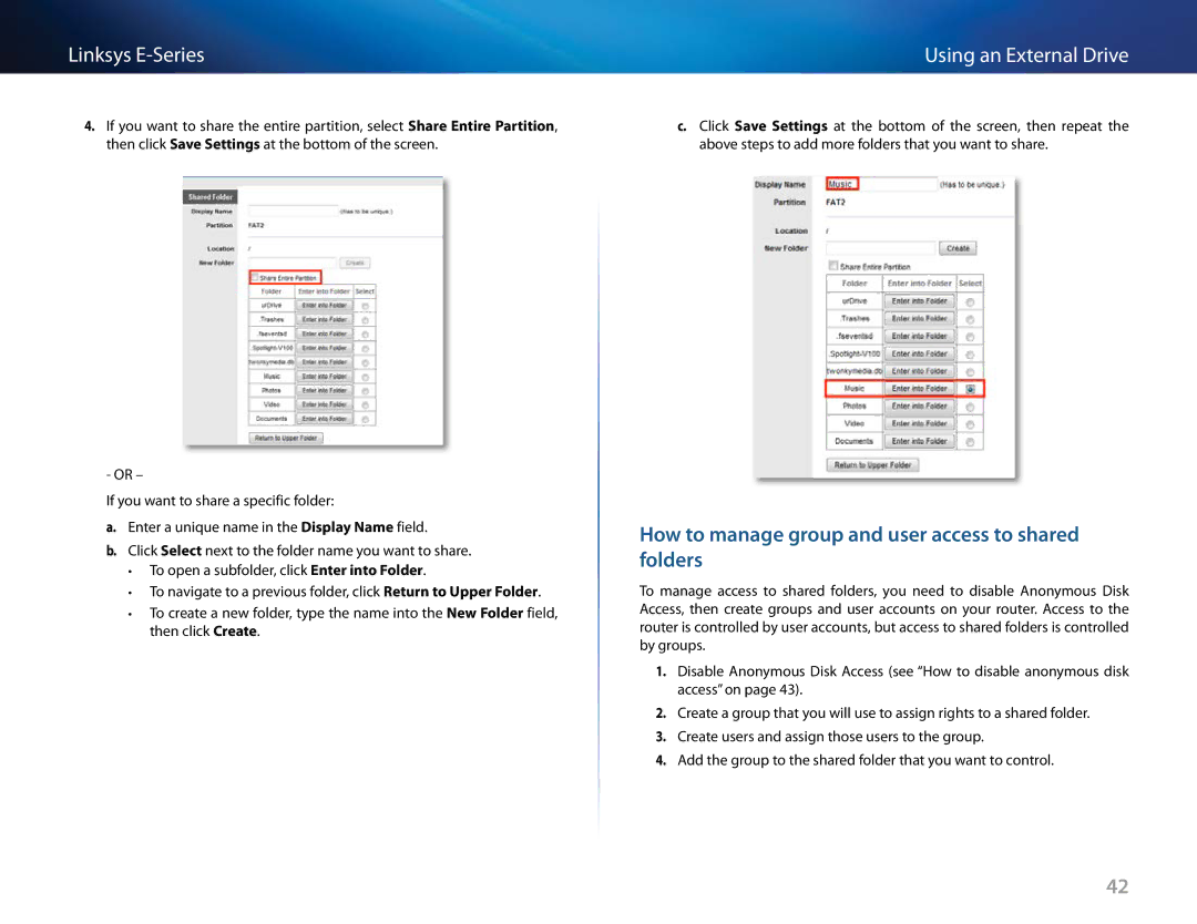 Linksys E-4200, E4200V2 manual How to manage group and user access to shared folders 