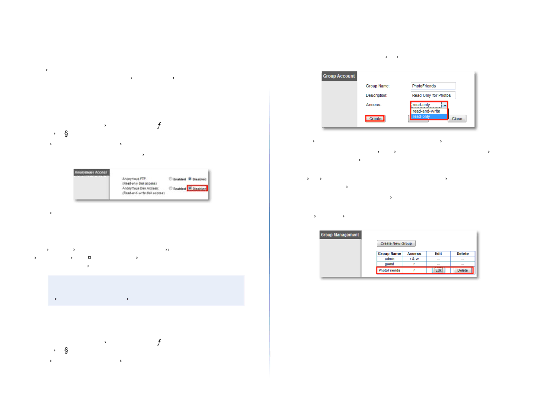 Linksys E4200V2, E-4200 How to create a group, To disable anonymous disk access, Storage Administration, To create a group 