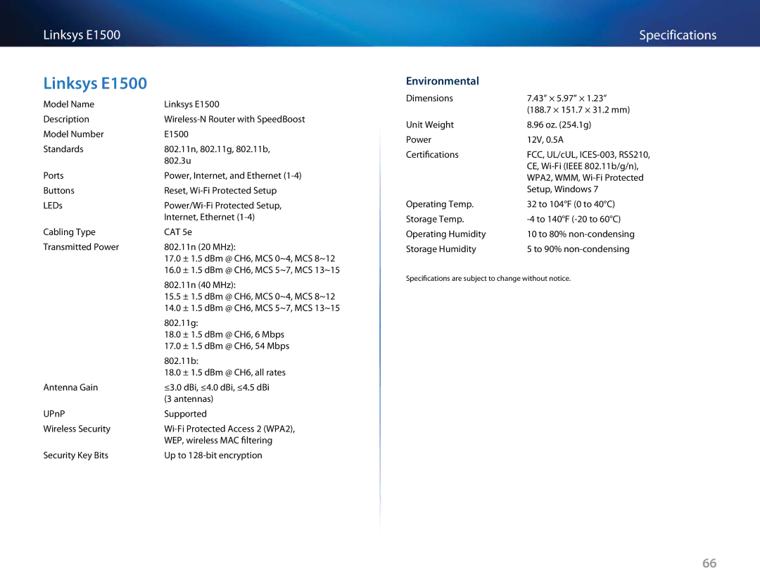 Linksys E-4200, E4200V2 manual Linksys E1500, Specifications 