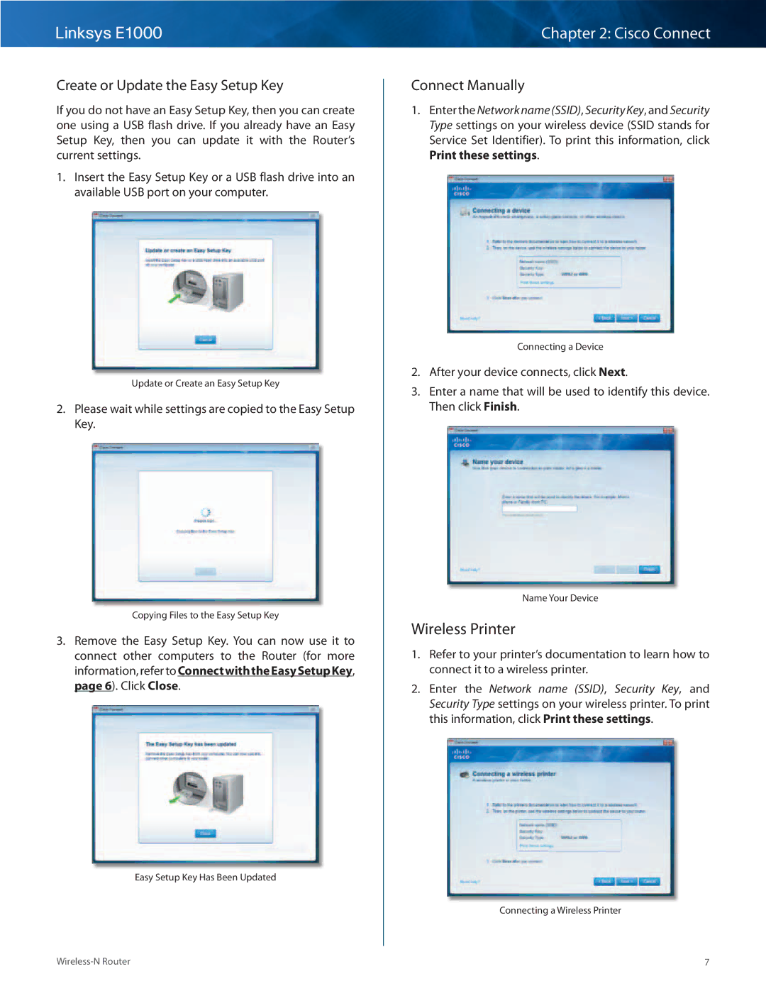 Linksys E1000-RM manual Wireless Printer, Create or Update the Easy Setup Key, Connect Manually 